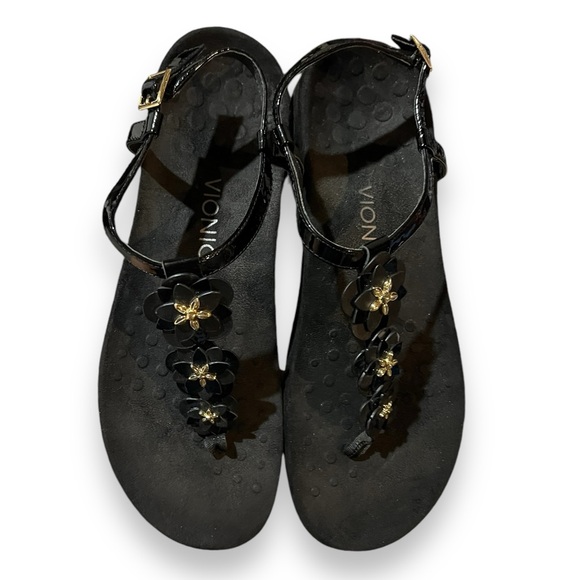 VIONIC T Strap Sandal Black Patent Leather 3D Flower Detail Strap  Size 10 - Picture 4 of 7